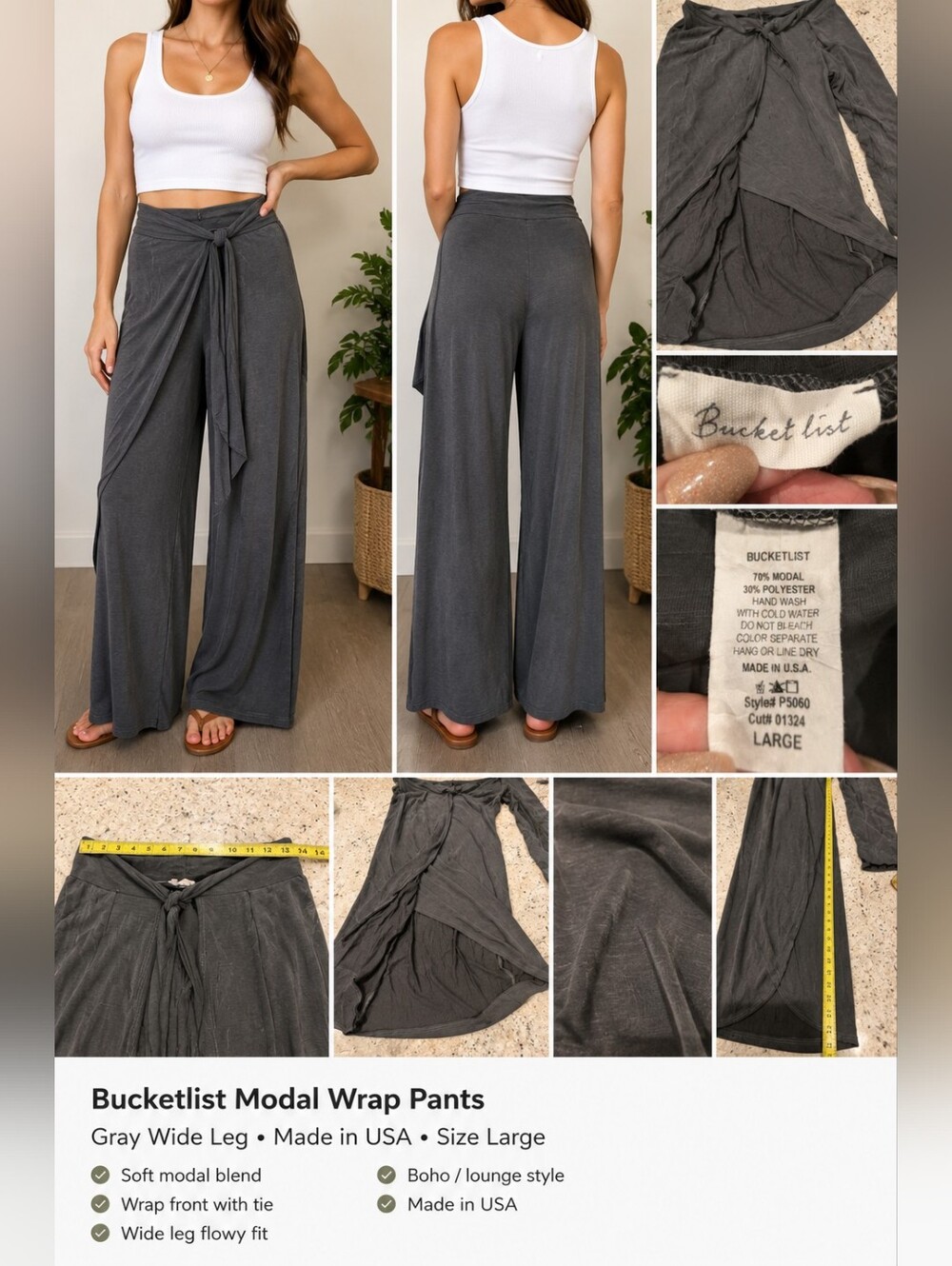 Bucketlist Wide Leg Wrap Pants Womens Large Gray Modal Made in USA Boho Lounge